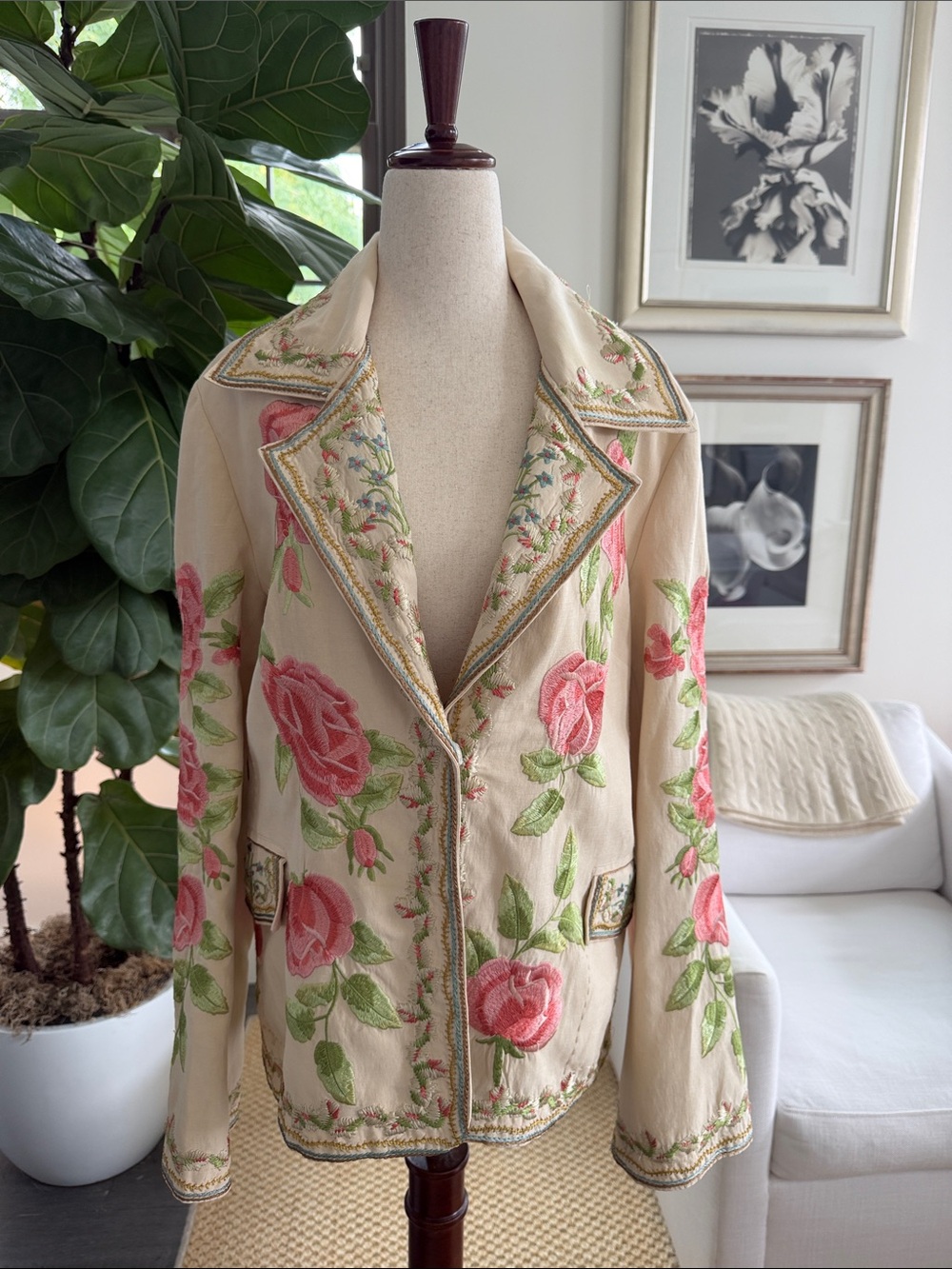 Biya Collection Johnny Was Silk & Linen Embroidered Jacket L